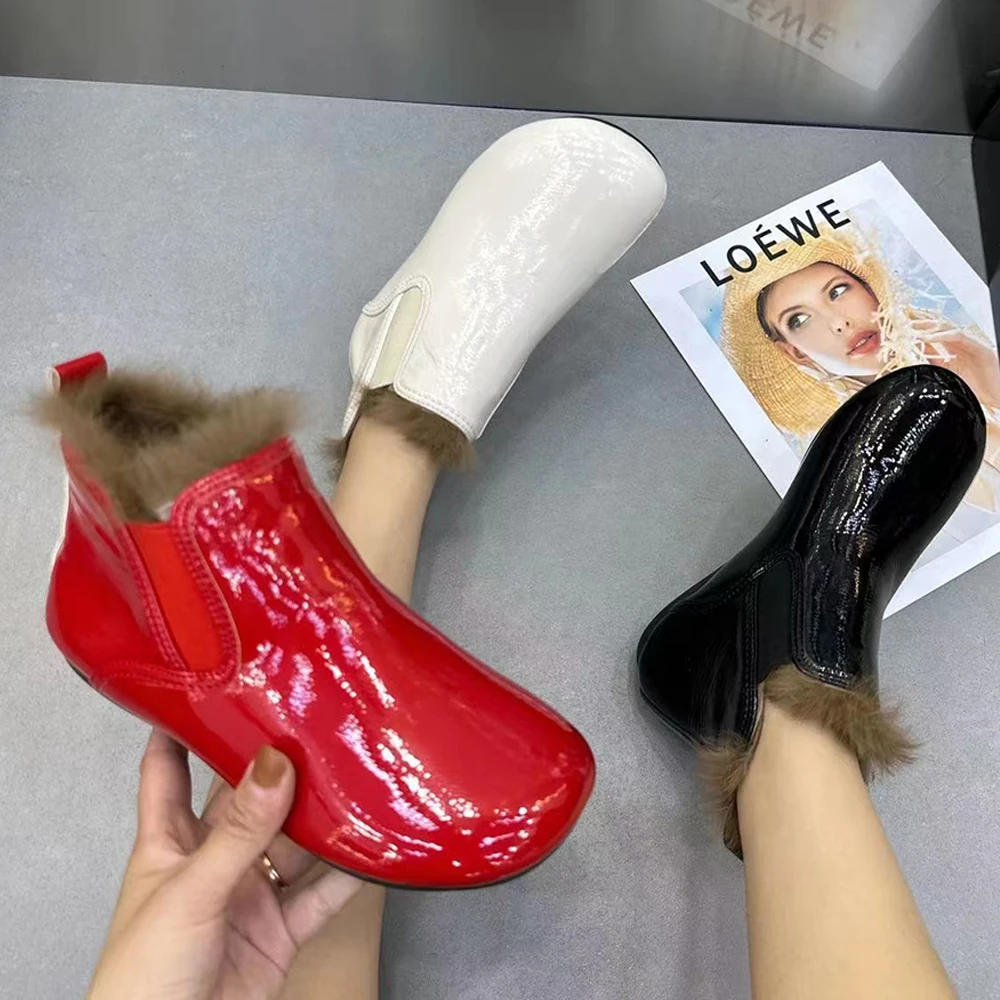 

Fashion Women Boots Warm Fur Snow Boots Plush Winter Women Shoes Plus Size Female Patent Leather Ankel Boots Antislip