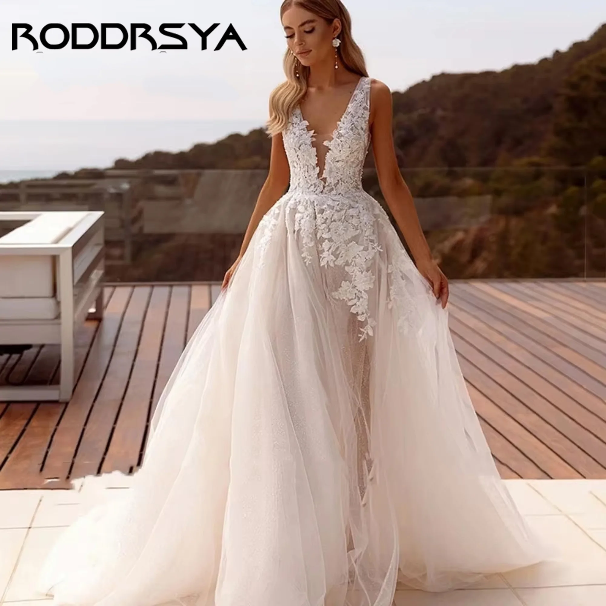 

Boho A Line V Neck Wedding Dresses Lace Appliques Tulle Luxury Split Bride Dress Tank Bridal Gown Vestido De Novia Customized