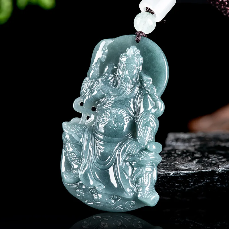 Natural A-grade jade blue water Guan Gong Wu Shen Shen Nuo Zhong jade pendant necklace peace for men and women