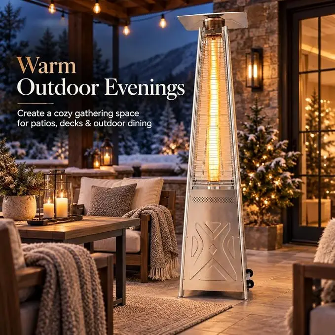 Outdoor Propane Patio Heater, Patio Pyramid Flame Heater with Wheels and Lid, 48,000 BTU Portable Outdoor Heater for Large Spaces, Outdoor Parties, Backyards and Gardens