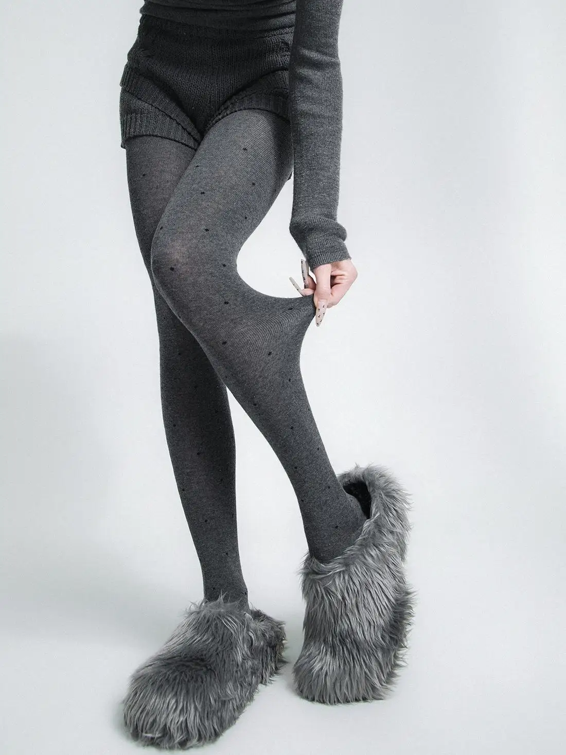 Women Polka Dot Knit Tights Burgundy Light Gray Dark Gray Warm High Waist Footed Pantyhose Y2K Stockings for Fall Winter Outfits