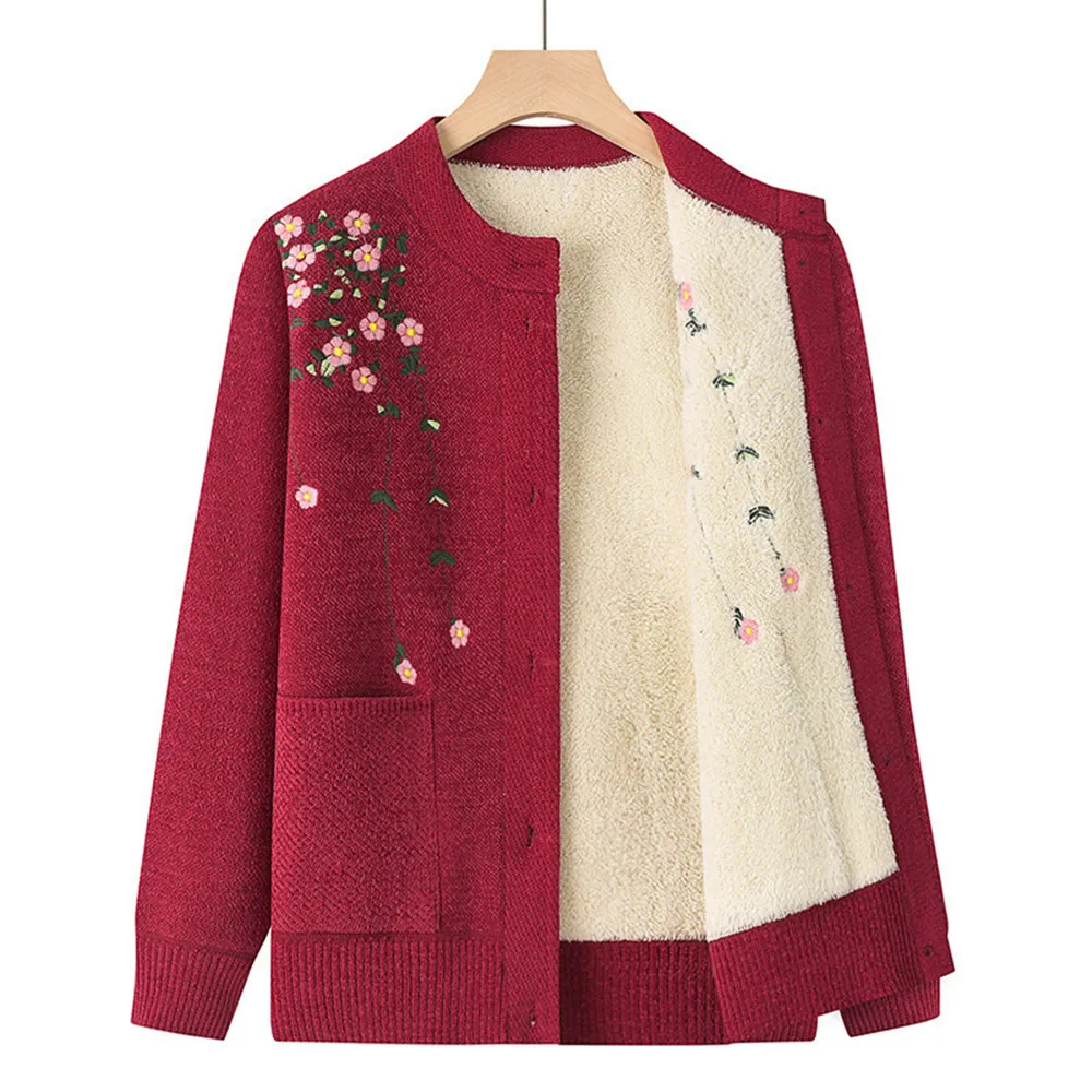 

Plus Size 6XL Women Winter Long Sleeve Outerwear Middle Aged Knitting Cardigan Sweater Women Floral Embroidery Top Clothes