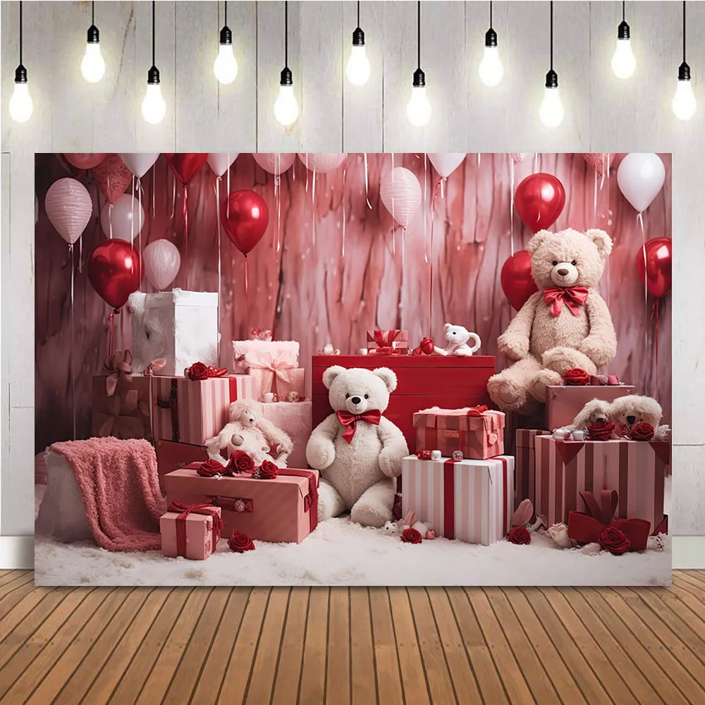 

Toy Bear Red Valentine's Day Backdrop Romanitc Gifts Background for Newborn Girls Photo Background Theme Party Decorations