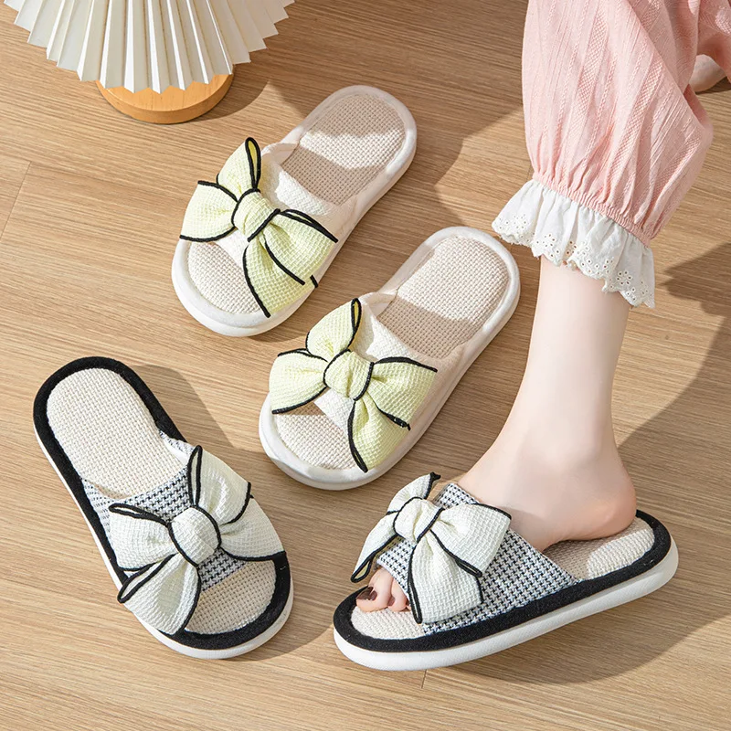 Wholesale European and American Thick Soled Home Cotton Linen Slippers for Women New Bow Linen Slippers Indoor Cool Slippers