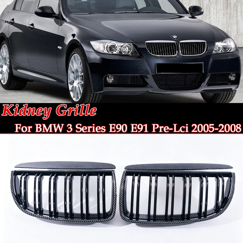 For 3 Series E90 E91 Pre-LCI 2005-2008 Gloss Matte All Chrome Black Carbon M Color Double Single SlatKidney Grille Diamond Grill
