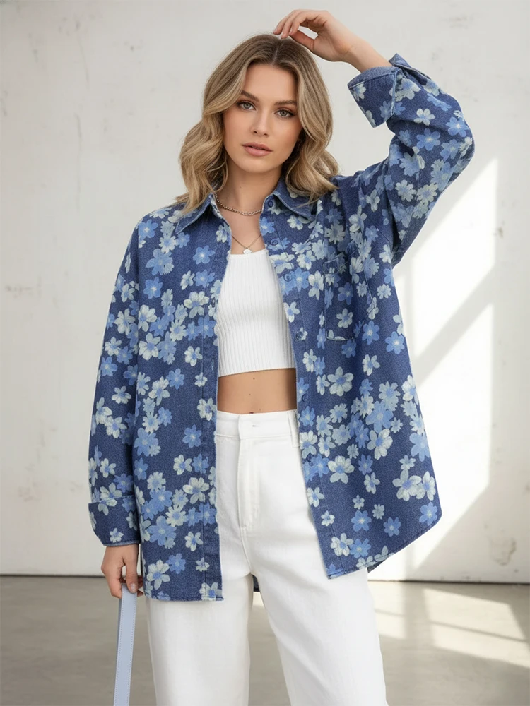 

Yeezzi женские модные джинсовые блузки большого размера с цветочным принтом и лацканами, длинные рукава, карманы на пуговицах, весенне-осенние повседневные рубашки, топы