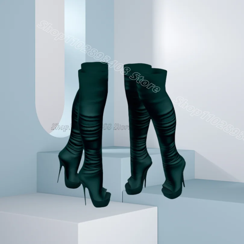 

Green Pleated Platform Stiletto Boots Peep Toe Solid British Style Fashion Party Women Over Knee Boots 2025 Zapatos Para Mujere