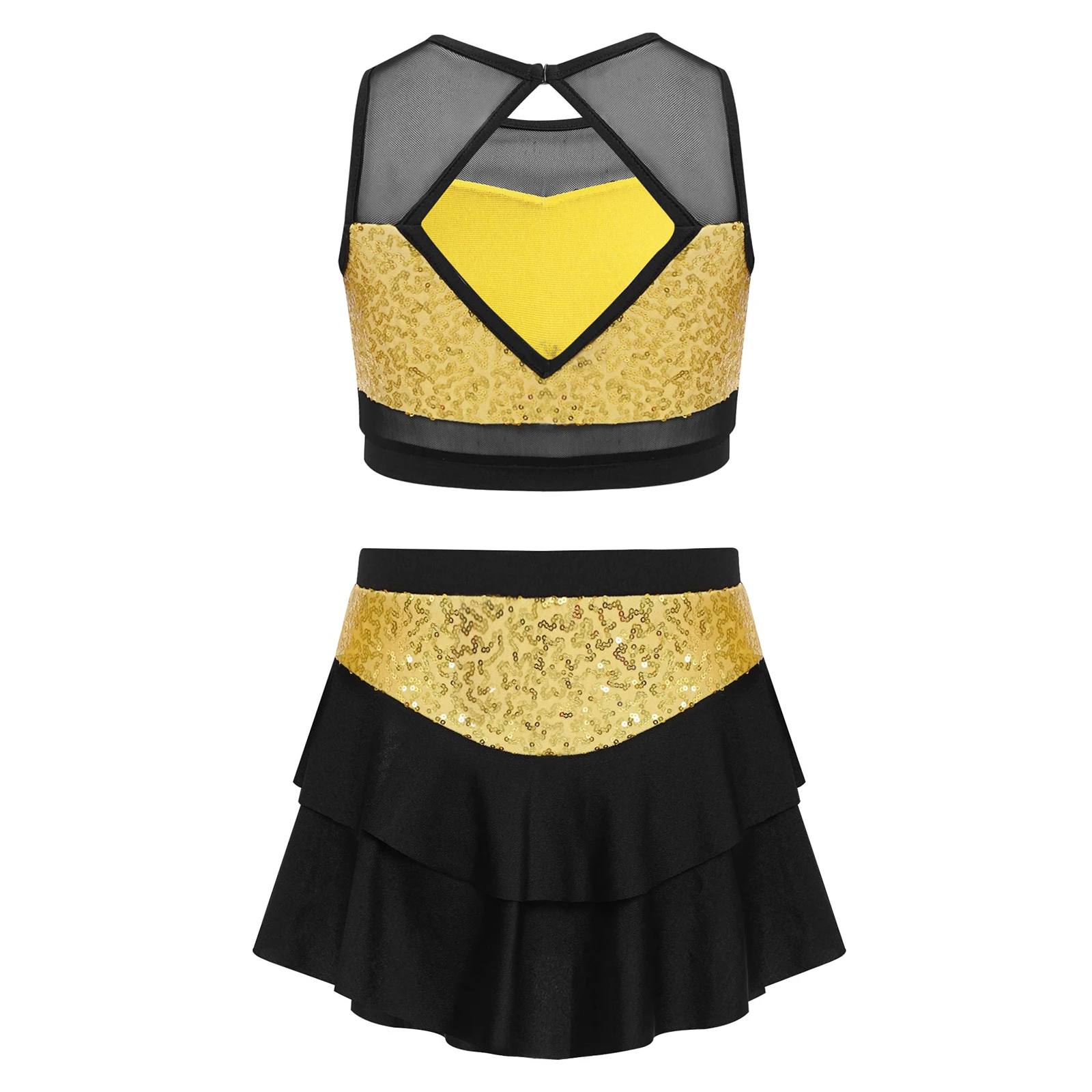 

Girls Cheerleading Dancewear Shiny Sequin Hip Hop Jazz Dance Costume Outfit Sleeveless Sheer Mesh Crop Top with Tiered Skirt Set