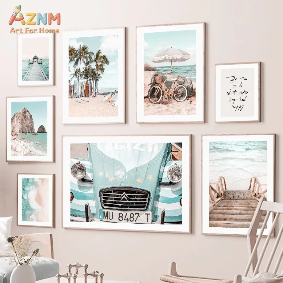 AZNM Coastal Beach Canvas Wall Art Palm Tree Surfboard Bicycle Seaside Scenery Inspirational Quote Print Boho Home Decor Unframe