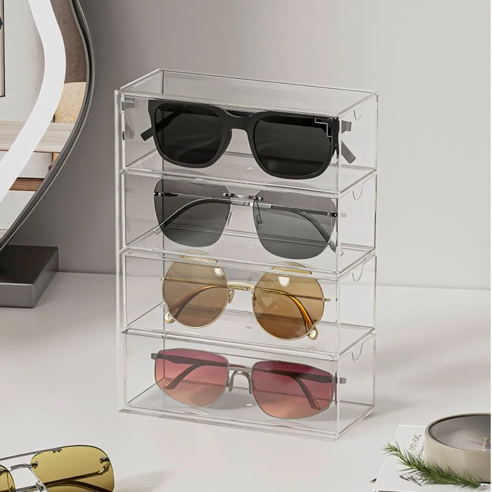 

Dustproof 4 Tier Makeup Organizer Clear with Drawer Sunglasses Display Organizer Stackable Multipurpose Jewelry Storage Holder