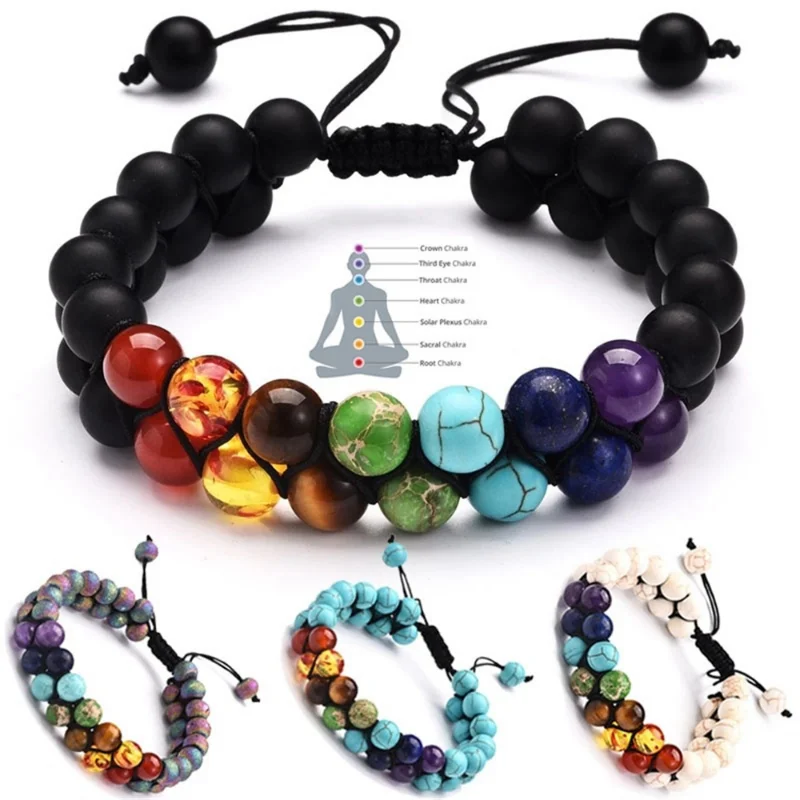 7 Chakra Natural Stone Handmade Braided Double Layer Lava Bracelets Adjustable Energy Colorful Beaded Bracelet for Men Women