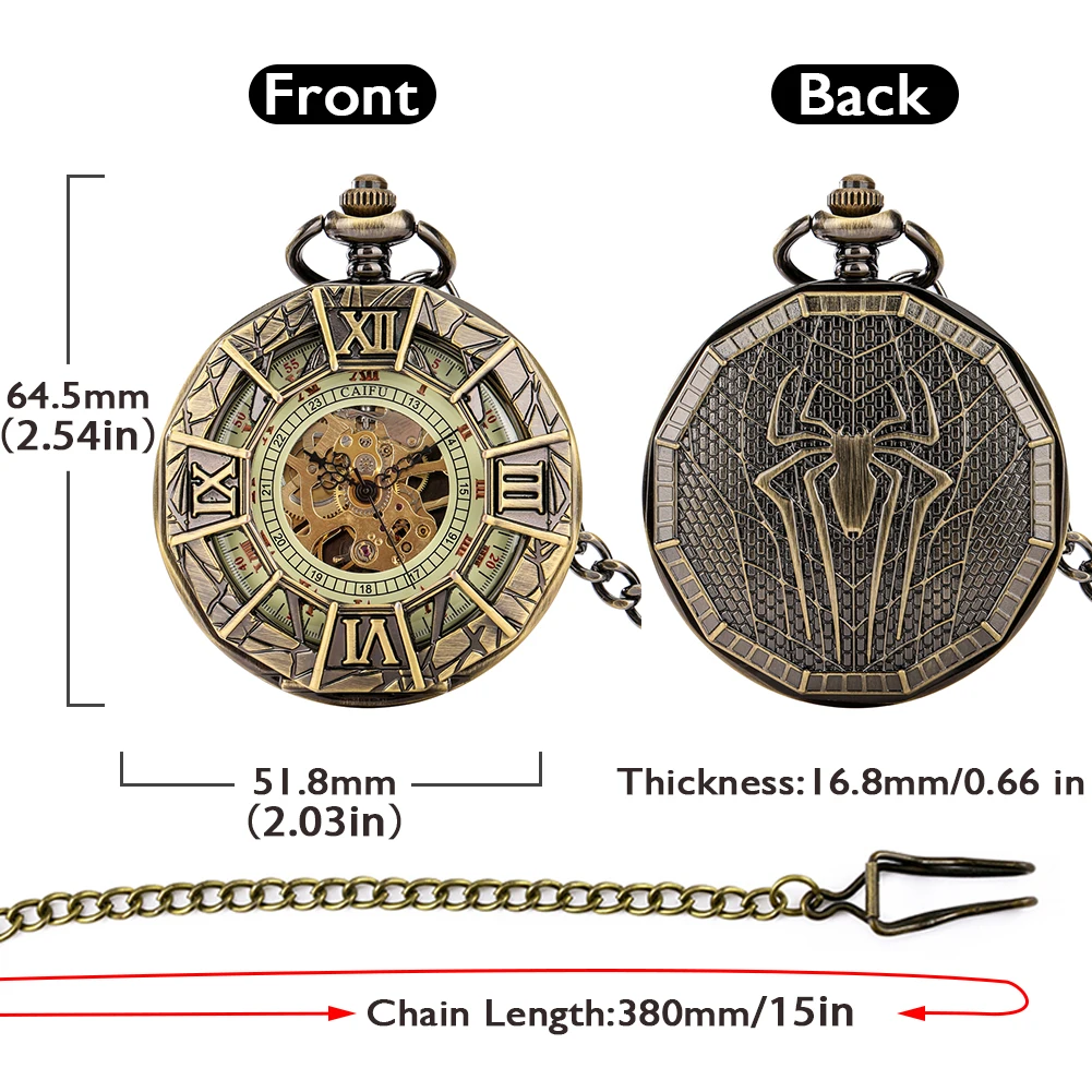 Vintage Bronze Roman Numerals Manual Mechanical Pocket Watch Men Antique Gifts Cool Spider Pattern Back Cover Pocket Clock Man