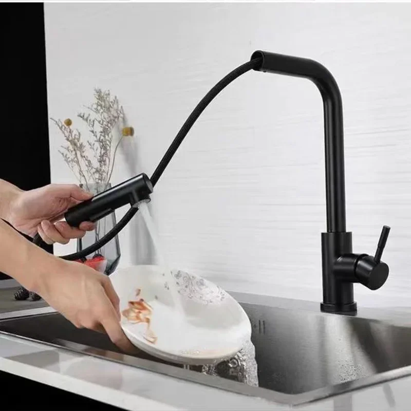 Black Pull Out Kitchen Sink Faucet Flexible 2 Modes Stream & Sprayer Nozzle Faucets Stainless Steel Hot Cold Wate Mixer Tap Deck image 3
