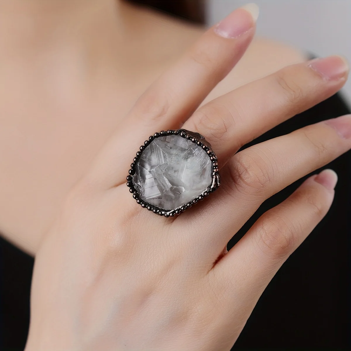 

YEEVAA Vintage Boho Style Natural Raw Quartz Crystal Geometric Ring | Handcrafted Electroplated Adjustable Open Band