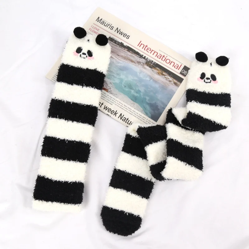 Women Girl Cute Winter Striped Coral Velvet Long Socks Warm Thicke Knee Length Socks Cute Bear Fox Sheep Home Towel Stockings