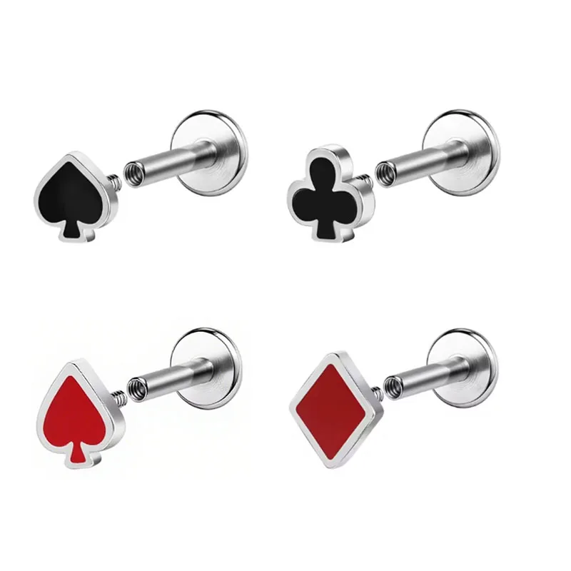 Four-piece poker set, stainless steel lip studs, perforated flat-back jewelry, lip rings, ear screens, conch cartilage, Daisy ea