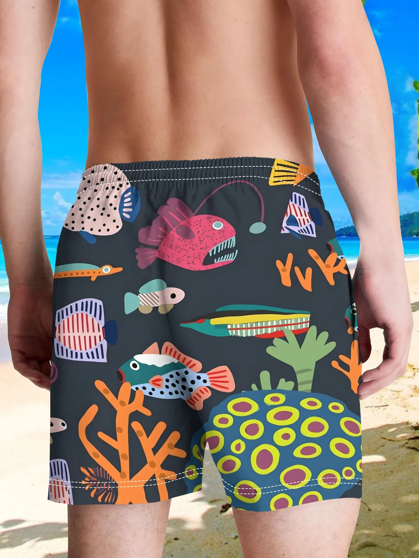 Cartoon Tropical Fish Coral Print Swim Trunks Quick Dry Drawstring Elastic Waist Pockets Beach Shorts Summer Ocean Hawaii Board