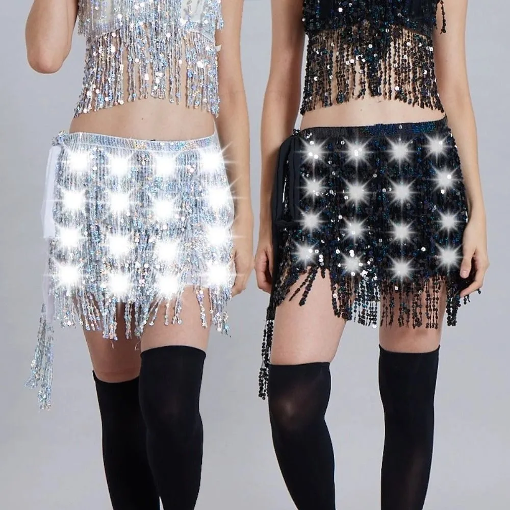 Bufanda de cadera para danza del vientre, cinturón brillante con cordones, bufanda iluminada para la cadera, accesorios de disfraces de danza del vientre con flecos de estrellas para Club nocturno