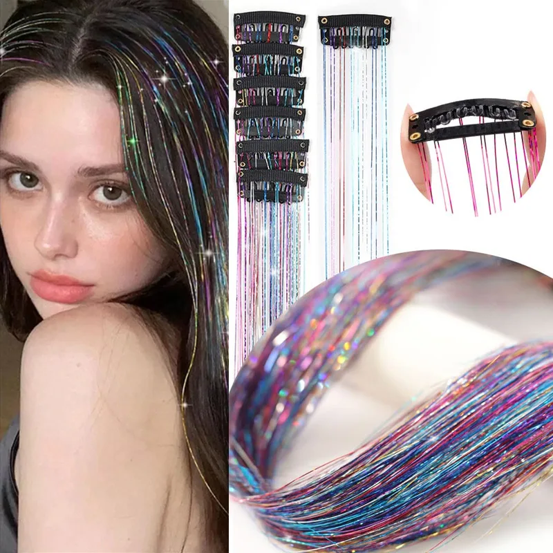 6/12PCS Shiny Hair Tinsel Set Colorful Glitter Hair Accessories 20inch Clip-in Hair Tinsel Extensions Wig for Women Girls Party
