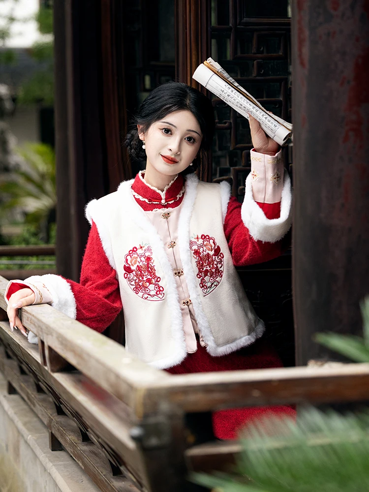 

Red Thiened Fce Innered Cute Girl Sle New Year Visit Costume Jiangnan down Winter Jaet Set Vintage Long