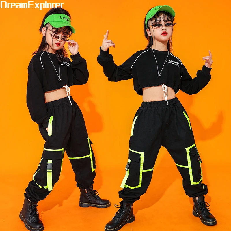 

Hip Hop Girls Cargo Pants Crop Top 2 Pcs Sets Kids Sweatshirt Joggers Child Dance Clothes Cool Outfit Jazz Teen Street Costumes