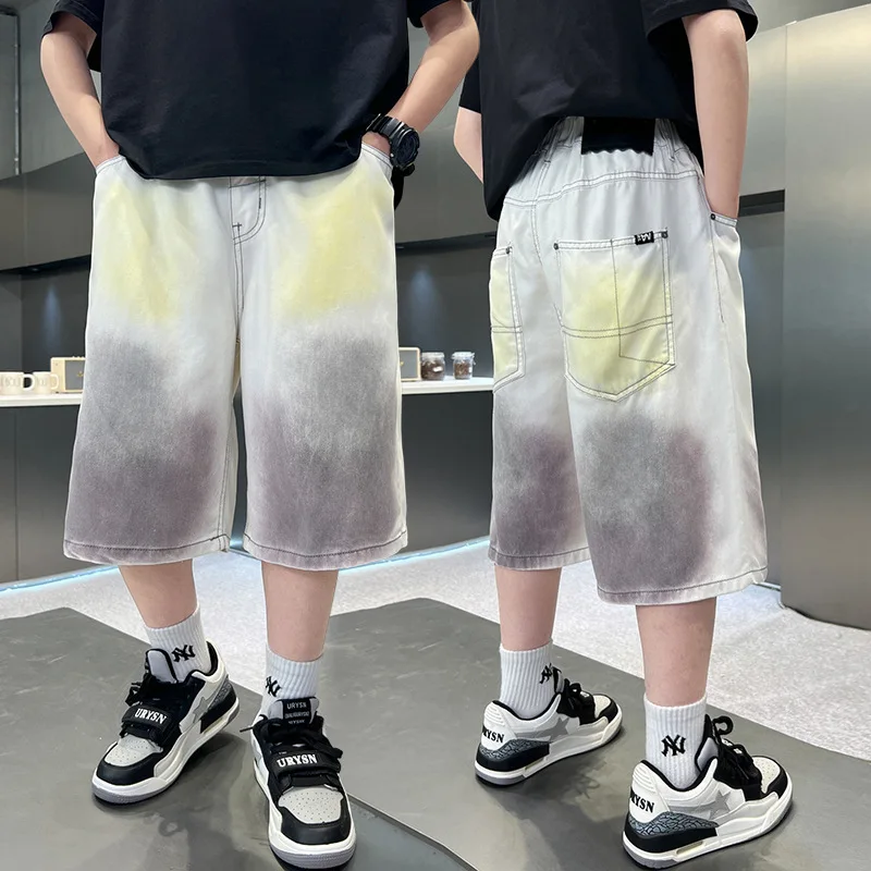 New Summer Children Loose Casual Capri Jeans with Tie-dye Design for Teenager Boys Baggy Denim Shorts Kids Knee Length Pants