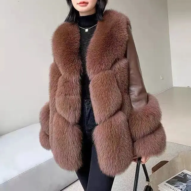 Manteau d'hiver en fourrure véritable pour femme, veste en duvet d'oie, fourrure de renard naturel, veste en cuir véritable, vêtements d'extérieur de luxe, optique, chaud, femme, 2024