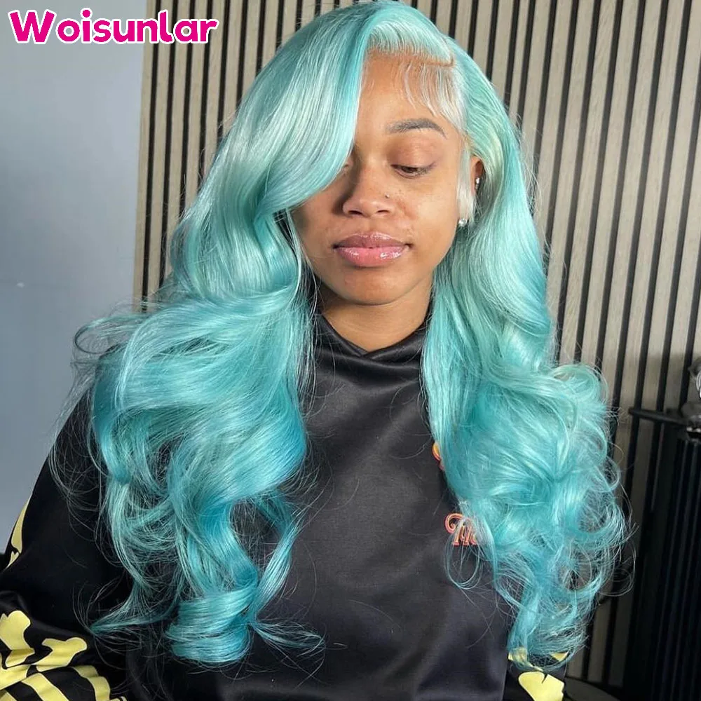 Ombre Light Green and Ombre Blue Wig Human Hair For Women 613 Body Wave Brazilian 13x4 Transparent lace Frontal Wig For Women