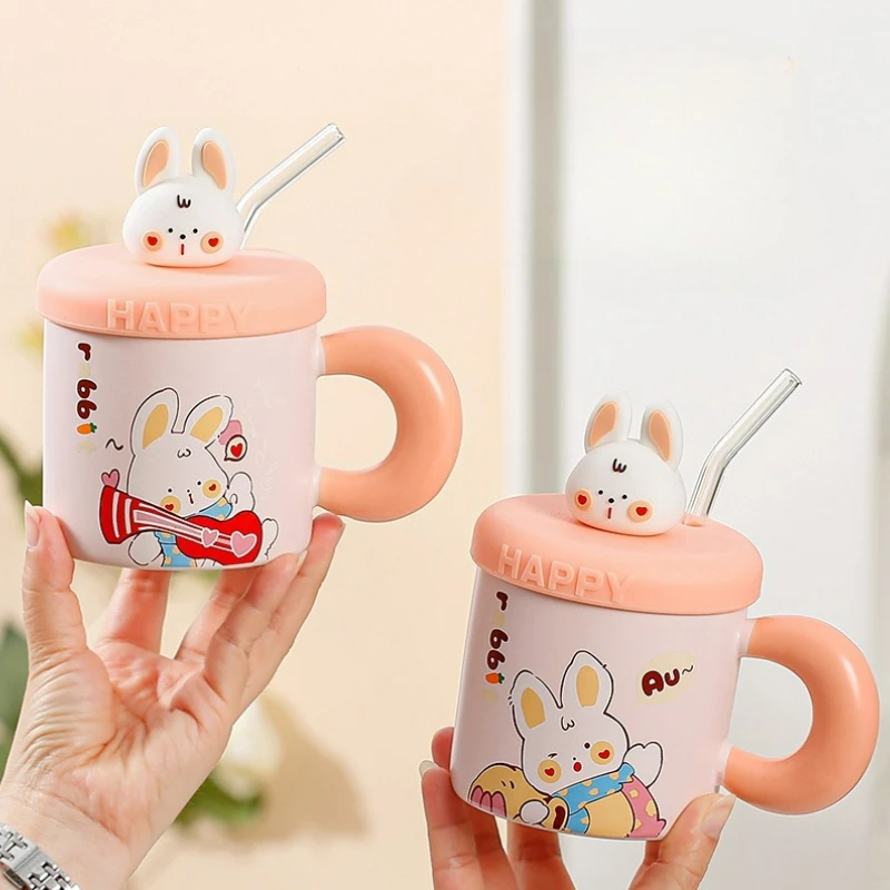 

Kawaii Cup Rabbit Ceramic Mug Large Capacity with Lid Breakfast Juice Cup Household Milk Mug Cartoon Coffee Cup Birthday Gift