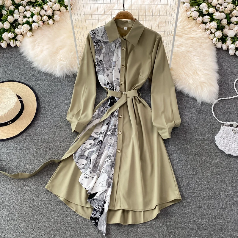Retro Koreaanse Sle Lente Herfst Hoge Taille Belted Slim Fit Midi Lengte Asymmetrisch Patchwork Lange Sve irt Dr