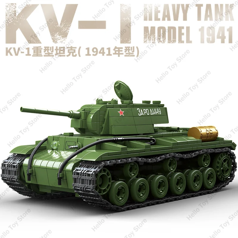 

2024 World War II Soviet Military Tank Building Blocks WW2 Weapon KV-1 Heavy Tank Model Soldiers Dolls Bricks Toys Kids Gift Set