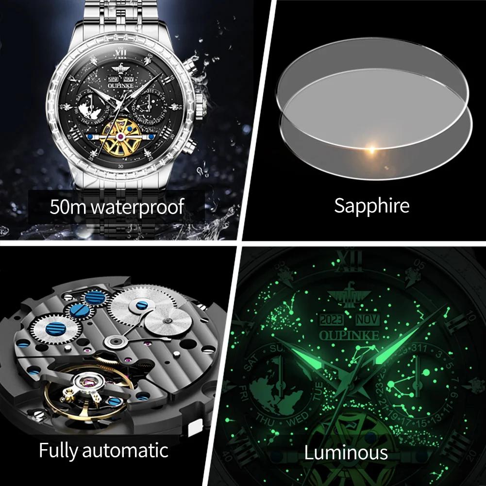 OUPINKE 3255 reloj para hombre Tourbillon de negocios de lujo reloj mecánico automático 50M reloj impermeable esfera de cielo estrellado regalo gratis