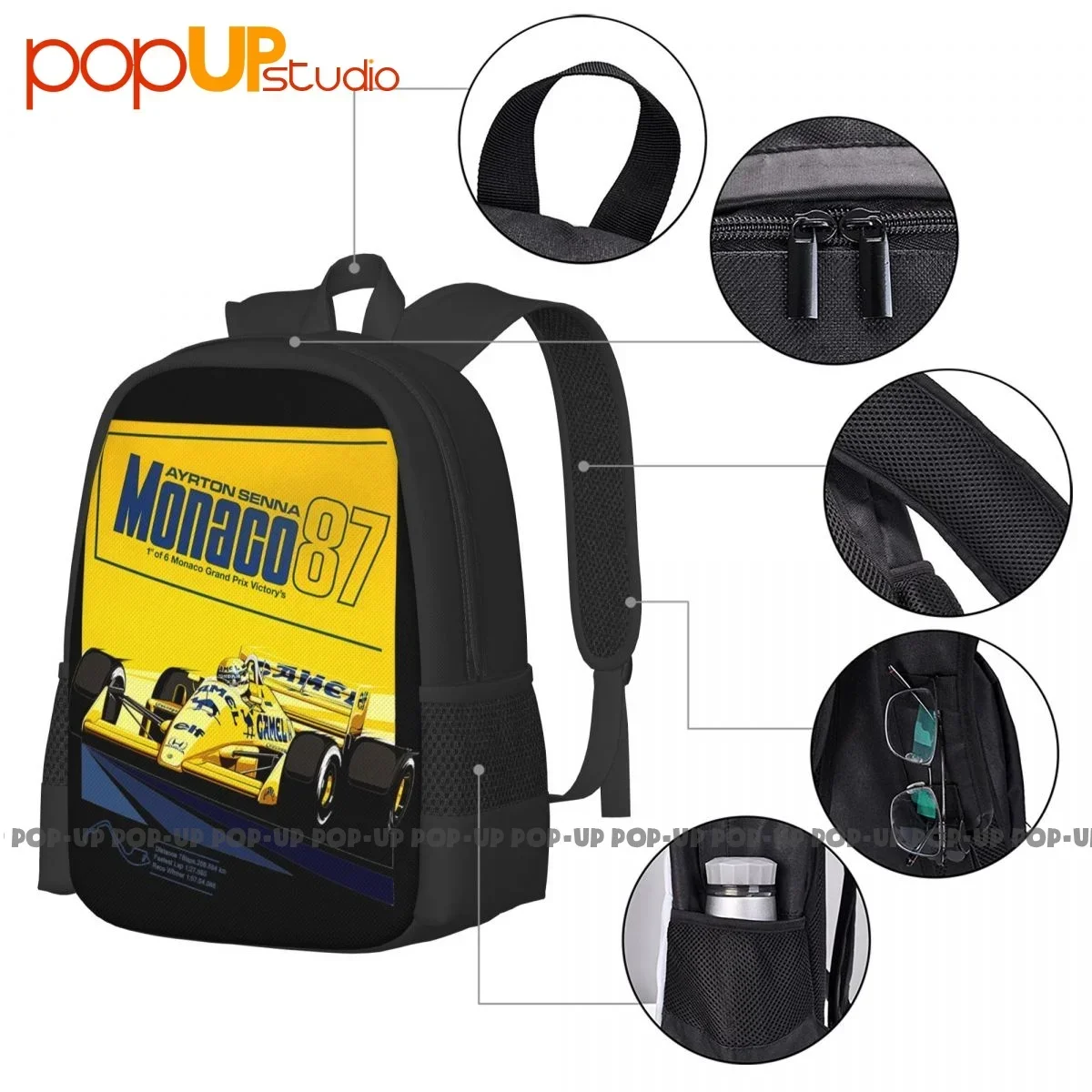 Tributo Ayrton Senna Pilota Fórmula Gran Premio Montecarlo 1987 Mochila de viagem de grande capacidade com impressão 3D