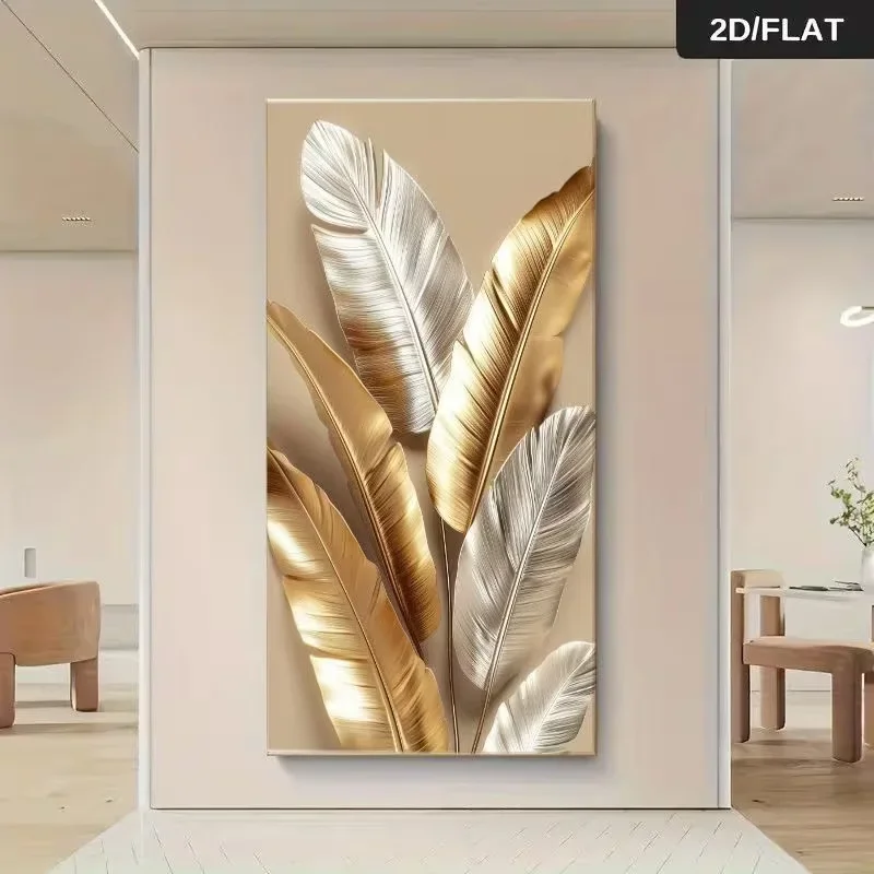 Large-sized 1pc frameless Canvas Painting 2D Flat, 2D Flat 1pc Frameless Luxurious Golden and Silver Leaf Decoration Canvas Wall