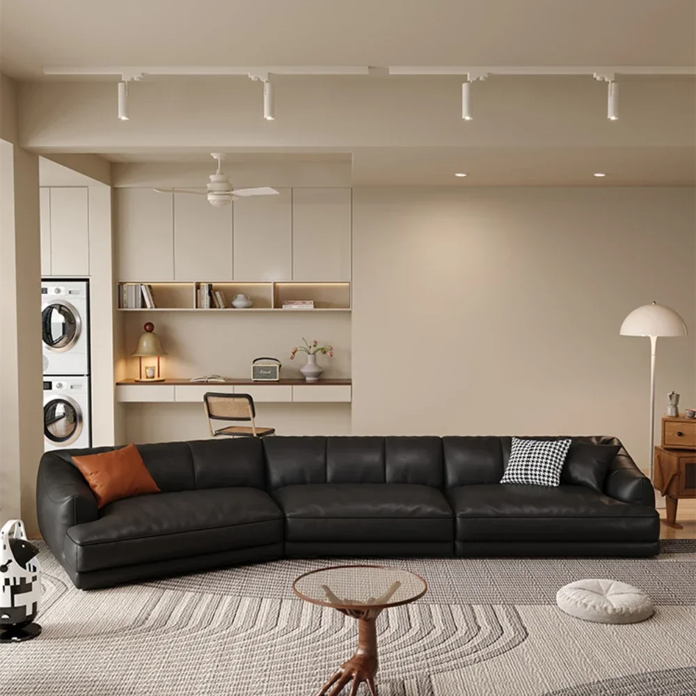 

Modern Simple Leather Sofa First Layer Cowhide Advanced Black Small Apartment