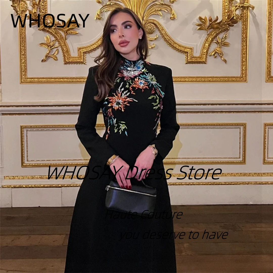 WHOSAY Black Satin Prom Dresses Customized Colorful Crystals Evening Gowns High Collar Long Sleeves Saudi Wedding Guests Dress