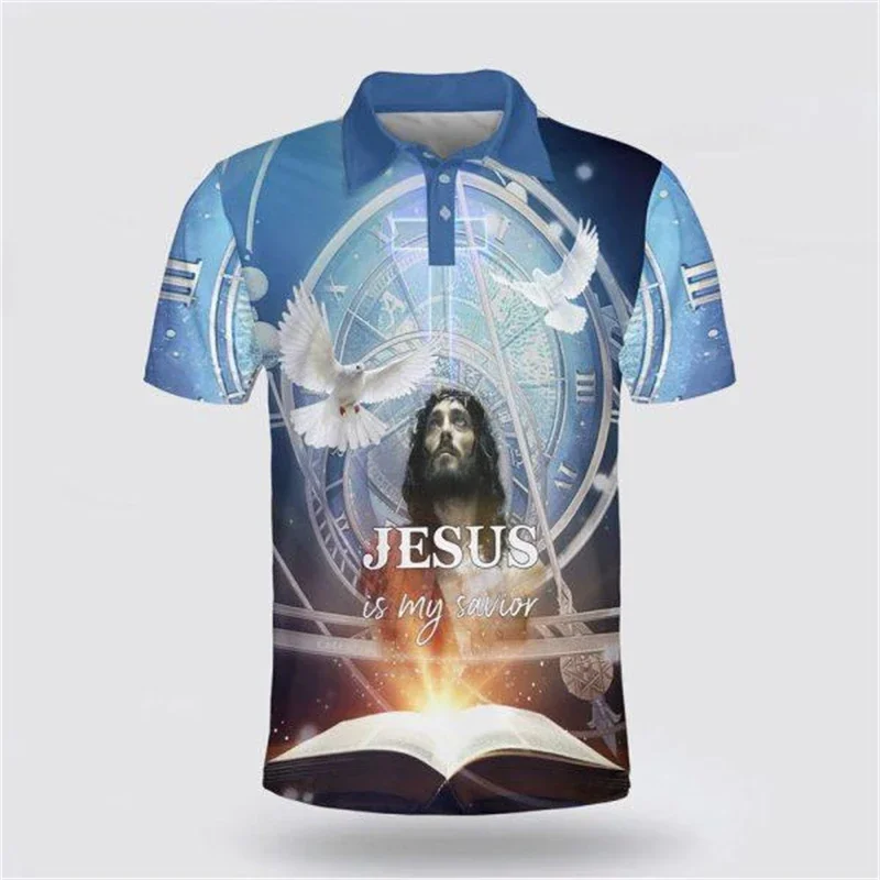 3D Printing Christ Jesus Pole Summer Short Comics Shirt Large Size Casual Top Loose Street Clothes Button Shirt
