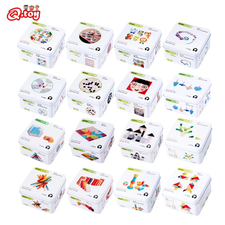 Children Montessori Educational Set Wooden Building Block Domino Puzzle Fishing Early Learning Portable Travel Box Kids Toys