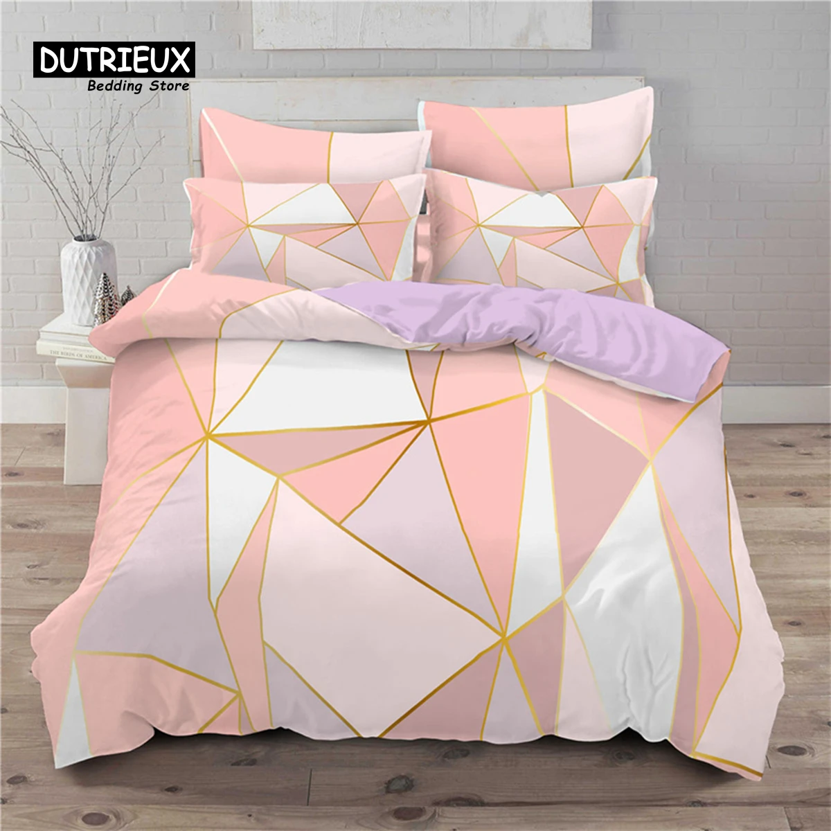 

Modern Pink Geometric Bedding Set Soft Microfiber Black Marble Triangles Print Duvet Cover King With Pillowcases Bedroom Decor