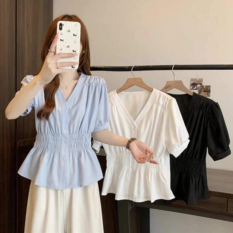 

Fashion Black White Pleated Shirt For Women Elegant Loose Blouse Solid Color V-neck t-shirt Female Large-size Shirts