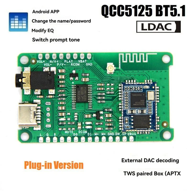 QCC5125 Decoder Bluetooth 5.1 APTXLL APTXHD LDAC Stereo Audio Module APP Name Password EQ Change QCC5125