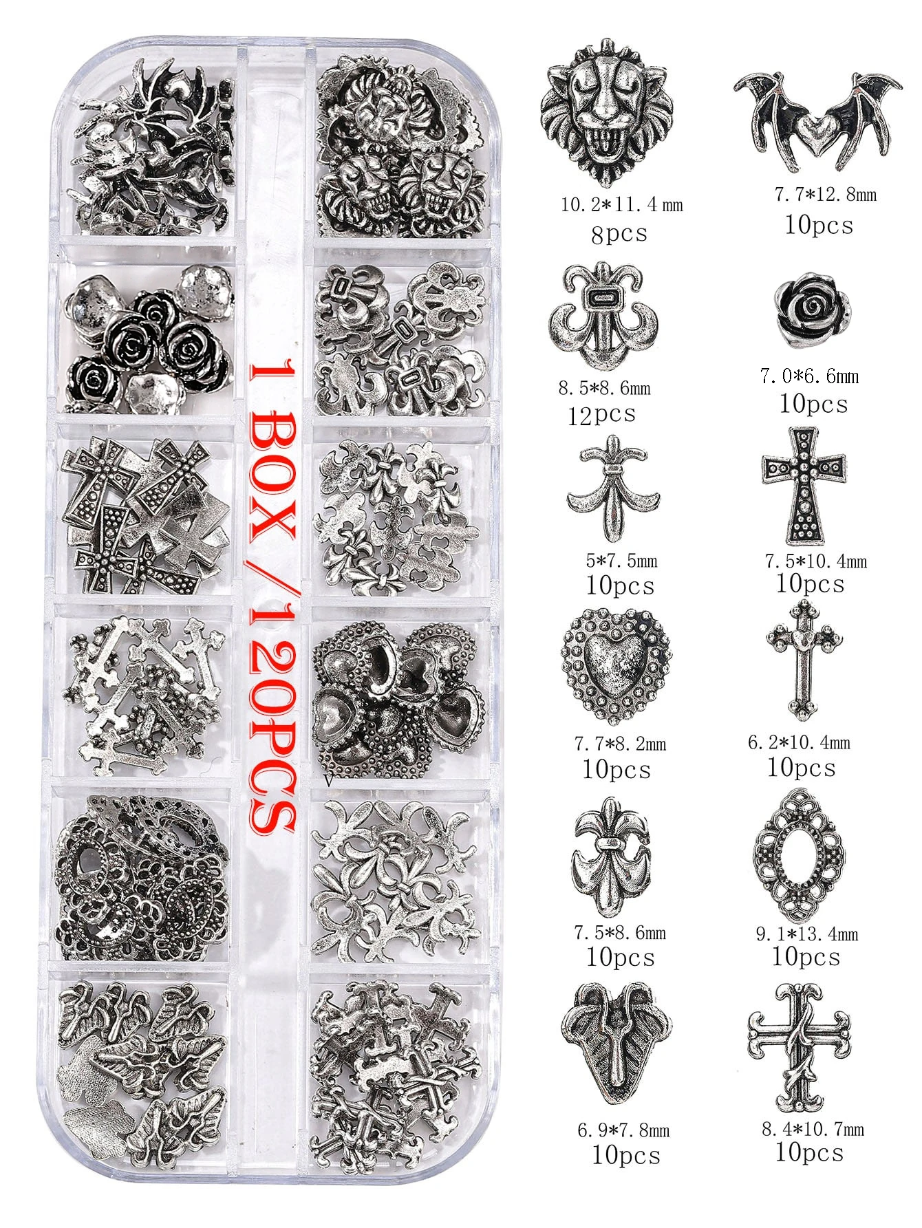 120 Pcs / 1 Box Vintage Dark Style Nail Art Patch Y2K Metal Cyberpunk Wind Cross Nail Trim Gothic Metal Diamond Set