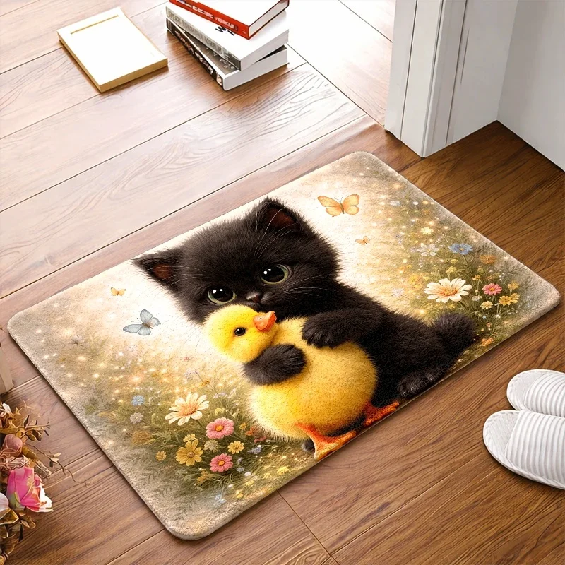 Cute Black Cat Duckling Area Rug Non Slip Washable Floor Mat For Entryway Living Room Home Decor