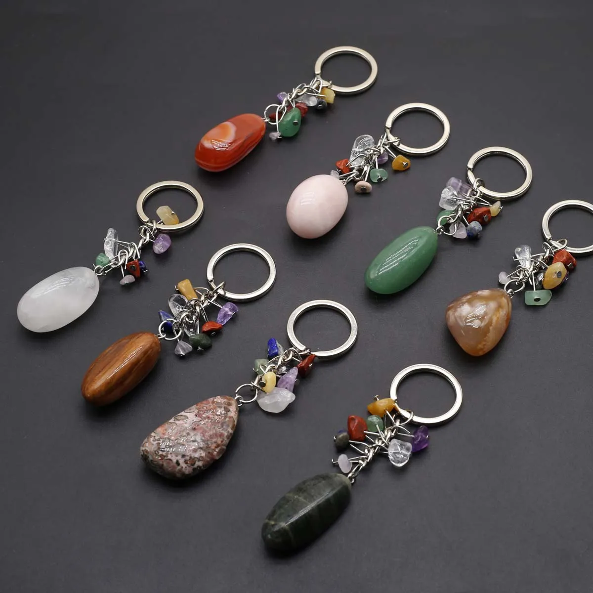 Natural Stone Key Chain Healing Keychains Gem Quartz Fluorite Citrine Irregular Stone Pendants Charms for Women Men Jewelry