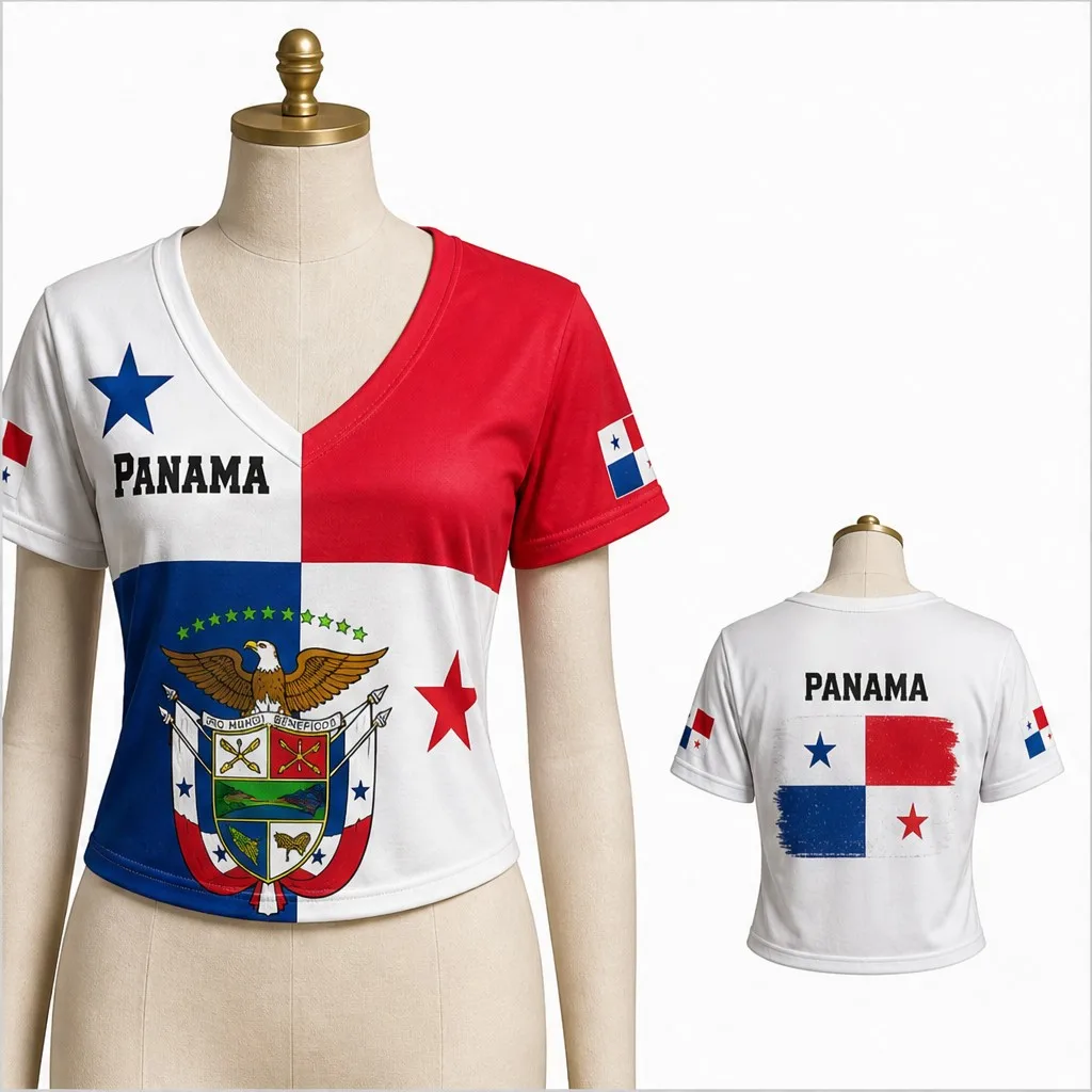 Womens Panama V Neck Short Sleeve Crop Tops Flag Crest Star Graphic Casual Summer Shirt for Street Travel Holiday and Daily Wear