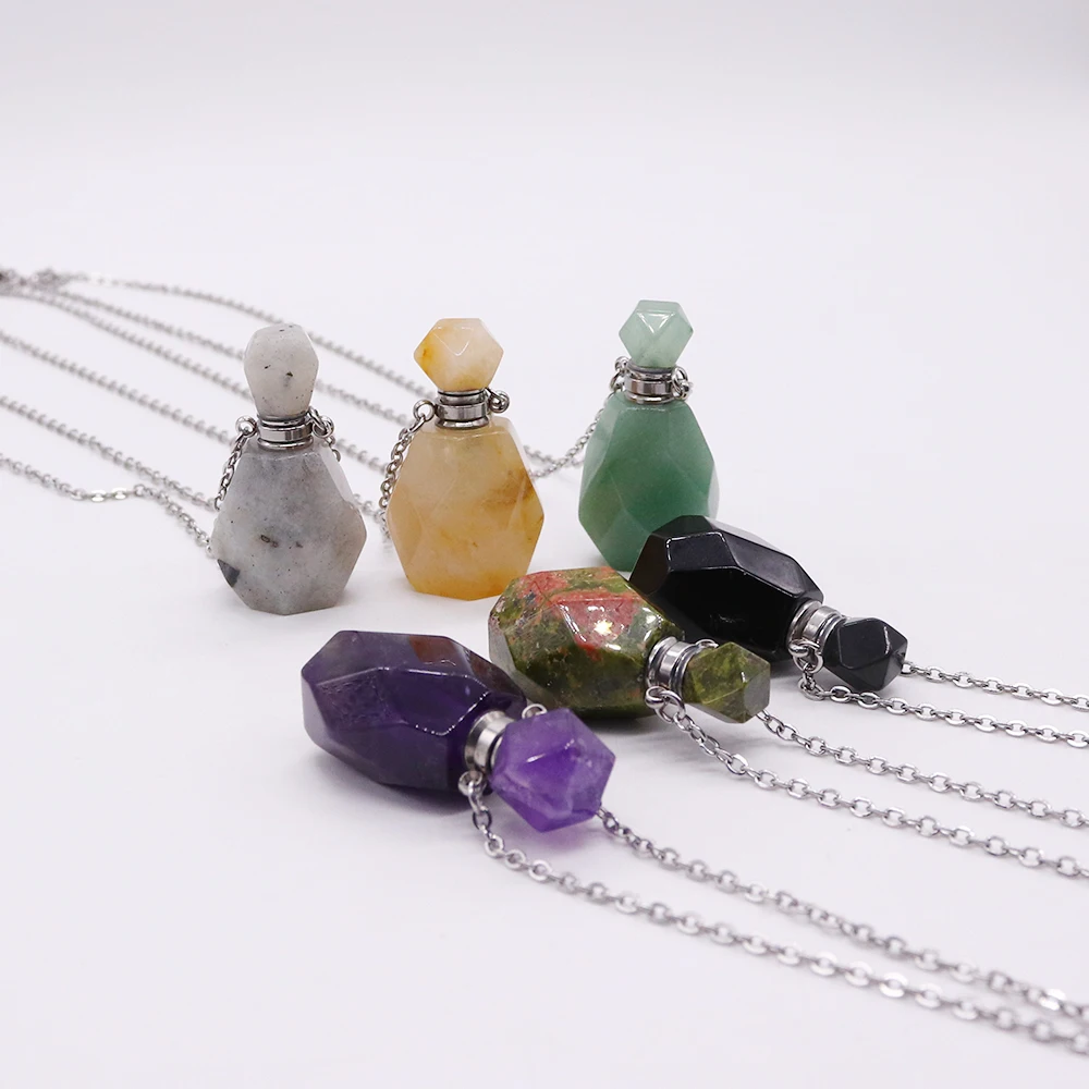 Collar de botella de Perfume de cristal de piedra Natural, colgante difusor de aceite esencial de cuarzo rosa, collar de amatista, regalo de joyería de moda