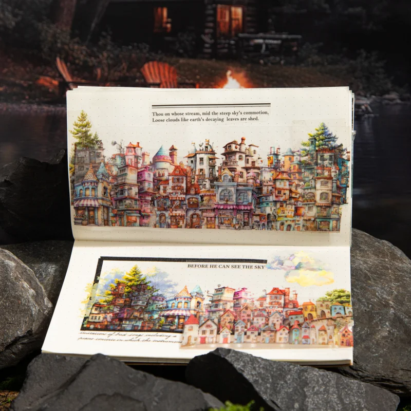 1 Roll 5x200cm Retro Unique House Hand-Painted Tape European Town Style Journal Scene Atmosphere Supplies