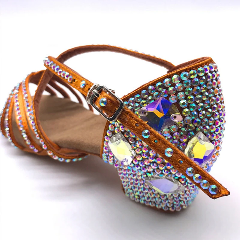 라틴 댄스 성인 어린이 고급 다이아몬드 장식 블랙 풀 삼바 차 탱고 여성용 전문 댄스 신발