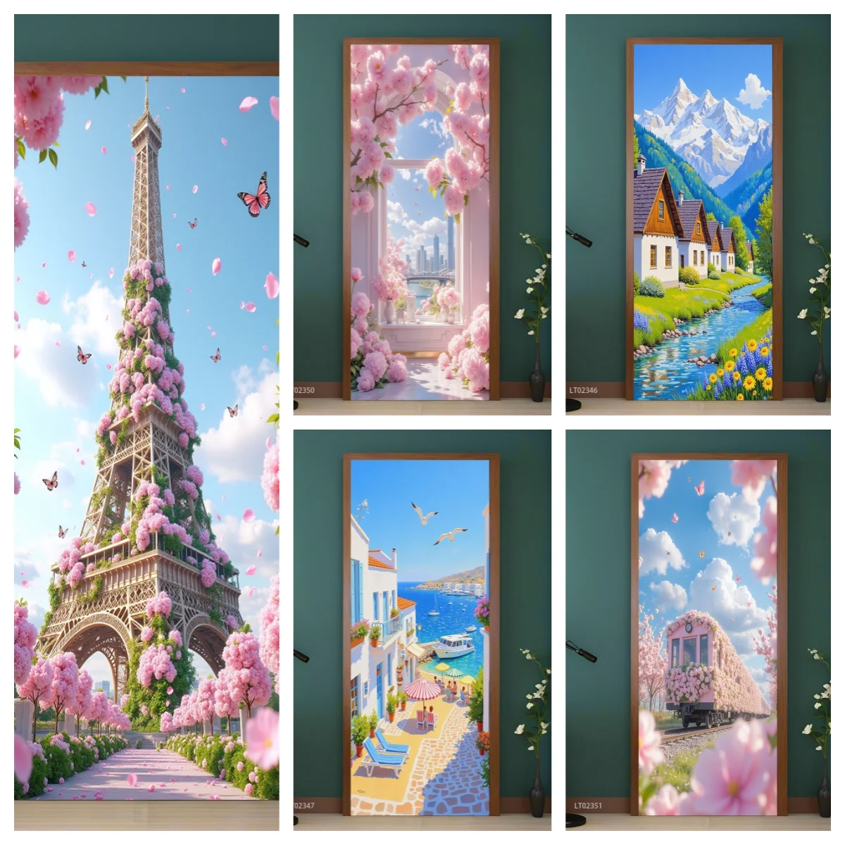 

Paris Eiffel Tower Door Stickers - Floral Romantic Vinyl Decals, Self-Adhesive French Style Wall Art for Bedroom Poster Decal