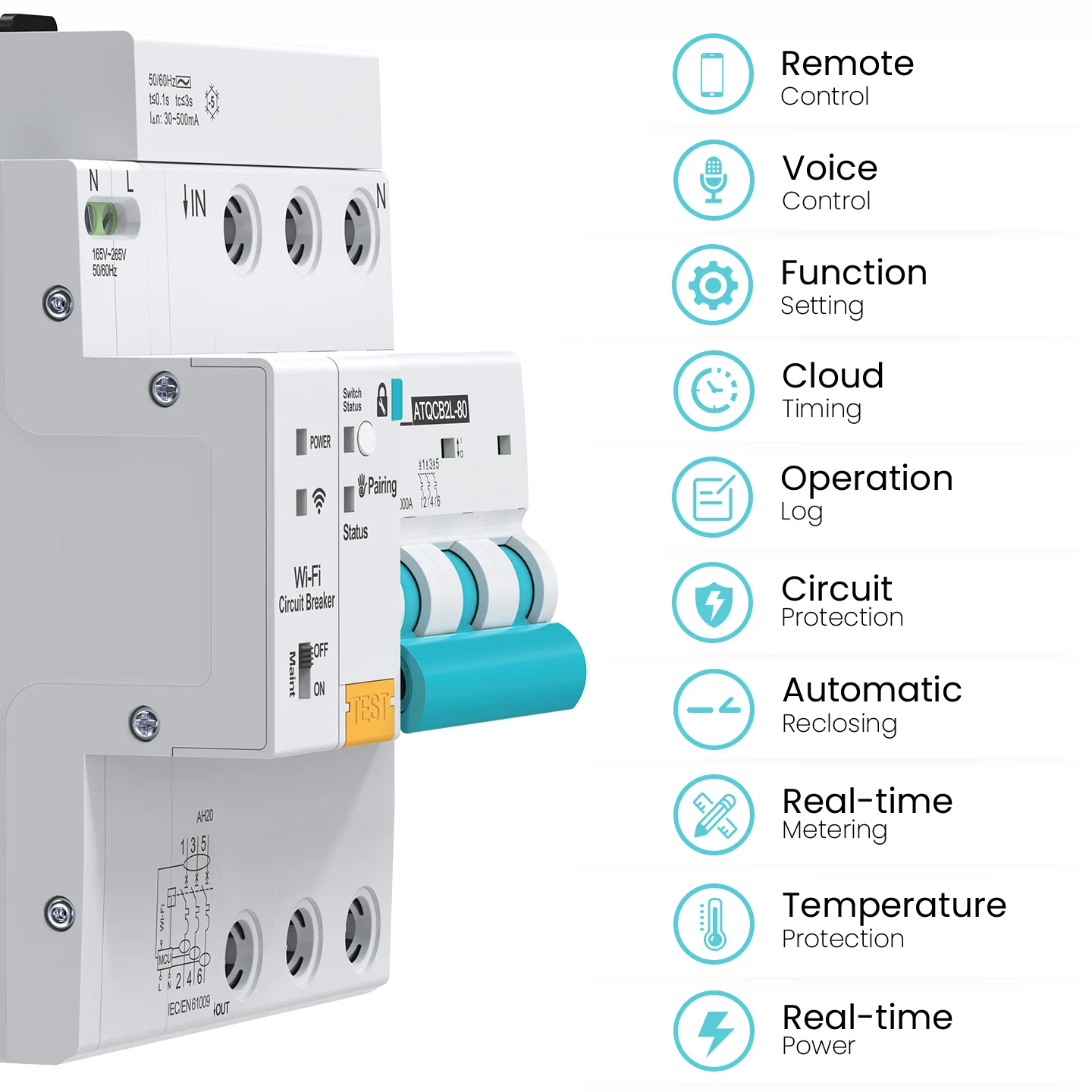 AT Tuya Wifi Metering Circuit Breaker Smart RCBO 2P 3P 4P 1-63A Adjustable with Earth Leakage Protection Remote Control